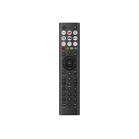 Schwarze Hisense-Fernbedienung mit zahlreichen Tasten für Streaming-Dienste, Menüführung und Ziffernblock.