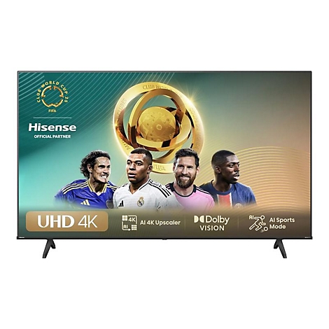 Hisense 4K Fernseher mit FIFA Klub-WM 2025 Branding, Fußballspielern und technischen Produktinformationen.