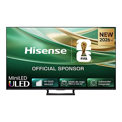 Hisense Mini-LED ULED Fernseher mit FIFA 2026 Sponsoring-Logo auf grünem Hintergrund und technologischen Ausstattungsmerkmalen.