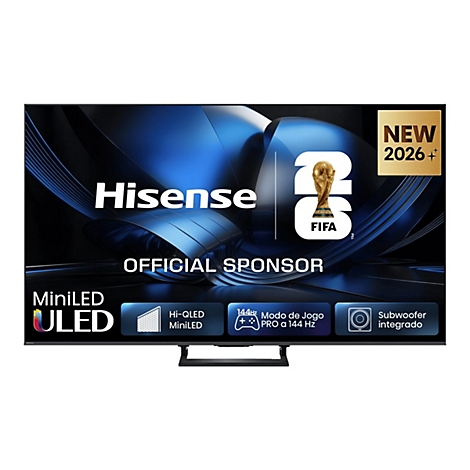 Hisense Mini-LED Fernseher vor neutralem Hintergrund mit FIFA 2026 Branding und technischen Spezifikationen.