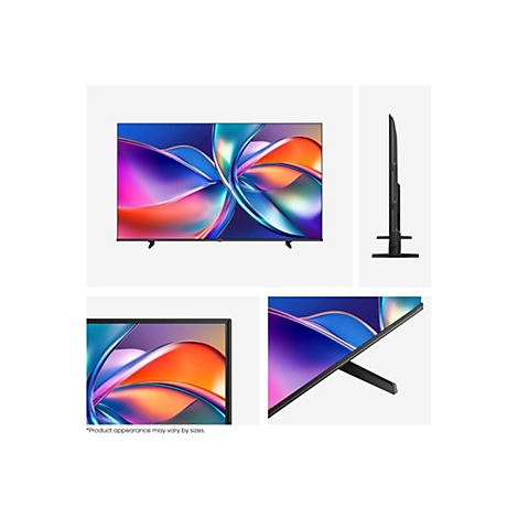 Flachbildfernseher in Front-, Seiten- und Detailansicht mit buntem, abstraktem Display-Hintergrund.