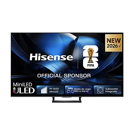 Hisense Mini-LED Fernseher auf Standfuß mit FIFA WM 2026 Branding.