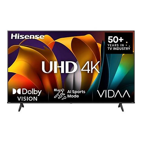 Hisense UHD 4K Smart-TV mit farbenfrohem abstraktem Bildschirmhintergrund und Logos für Dolby Vision, AI Sports Mode und Vidaa.