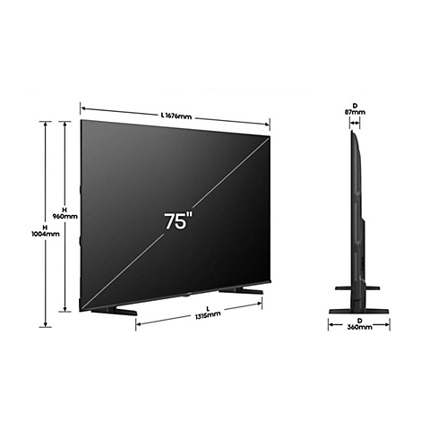 Technisches Diagramm eines 75-Zoll-Fernsehers mit Maßangaben für Breite, Höhe und Tiefe.