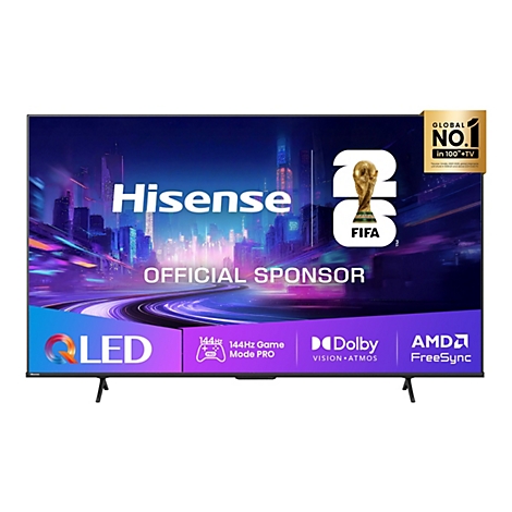 Hisense QLED-Fernseher mit FIFA 2026 Branding und technischen Spezifikationen auf dem Display.