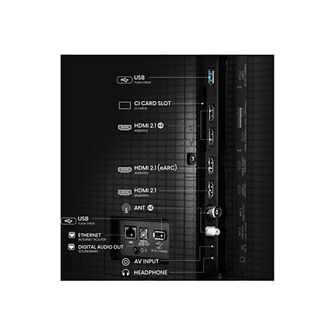 Rückseite eines Fernsehers mit beschrifteten Anschlüssen wie HDMI, USB, LAN und Audio.