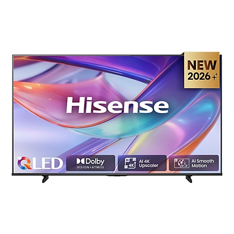 Hisense 4K QLED Fernseher mit New 2026 Badge, Dolby Vision, AI Upscaler und Motion Features auf hellem Hintergrund.
