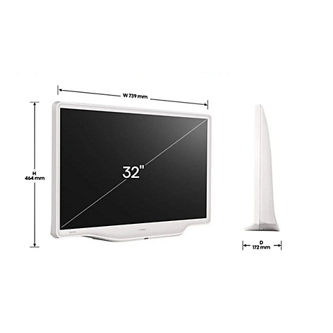 Technisches Diagramm eines weißen 32-Zoll-Fernsehers mit Maßangaben für Breite, Höhe und Tiefe.