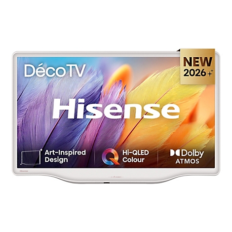 Hisense DecoTV mit weißem Rahmen zeigt ein buntes Feder-Motiv, Schriftzüge zu Art-Design, Hi-QLED und Dolby Atmos.