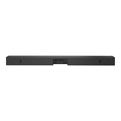 Rückseite einer schwarzen Soundbar mit sichtbaren Anschlüssen und Wandhalterungsöffnungen.
