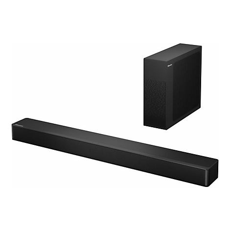 Schwarze Hisense Soundbar mit einem separaten, aufrecht stehenden Subwoofer auf weißem Hintergrund.