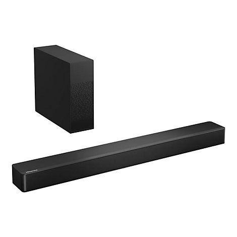 Schwarze Hisense Soundbar mit Subwoofer vor weißem Hintergrund.