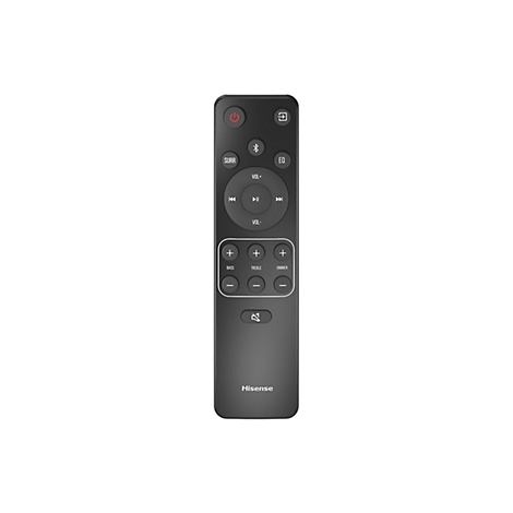Schwarze Hisense Fernbedienung mit Tasten für Lautstärke, Wiedergabe, Bass, Treble und Dimmer auf weißem Hintergrund.