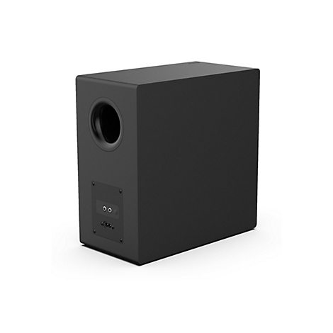 Schwarzer Subwoofer von hinten mit Bassreflexöffnung und Anschlussbuchsen auf weißem Hintergrund.