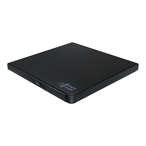 Schwarzes externes CD-DVD-Laufwerk mit Super Multi Logo auf weißem Hintergrund.