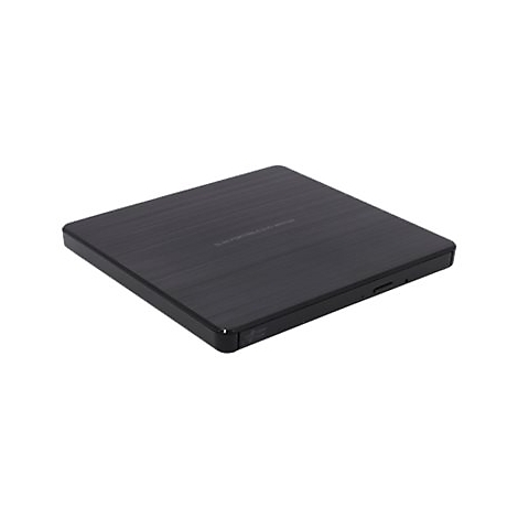Ein flaches, schwarzes, externes DVD-Laufwerk in Draufsicht vor einem weißen Hintergrund.