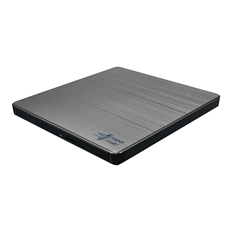 Flaches, externes DVD-Laufwerk in gebürstetem Anthrazit mit dem Schriftzug Super Multi auf weißem Hintergrund.
