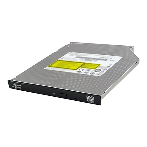Flaches, silbernes DVD-Laufwerk für Laptops mit schwarzer Frontblende und Aufdruck.
