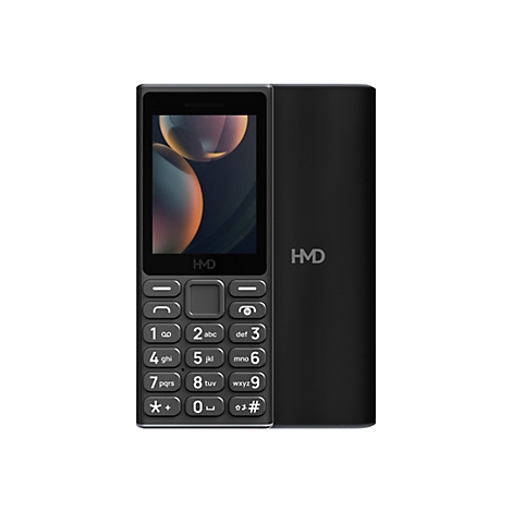 Schwarzes HMD Tastenhandy mit Display und Tastenfeld vor weißem Hintergrund.