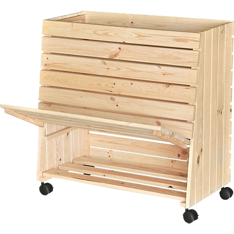 Ein offener, rollbarer Holzkasten, der aus einzelnen Brettern gefertigt wurde. Die Bretter sind mit sichtbaren Holzmaserungen versehen.
