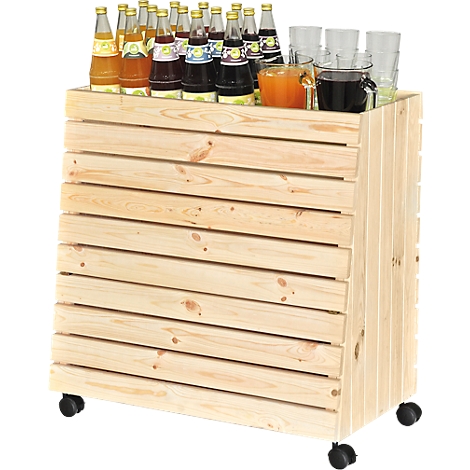 Holzcontainer mit Getränken, Gläsern und Flaschen. Der Container steht auf Rollen.