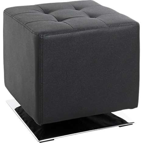 Quadratischer, dunkelgrauer Stoffhocker mit Knopfheftung auf einer glänzenden Chrombasis vor weißem Hintergrund.