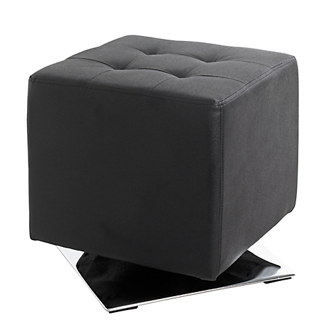 Dunkelgrauer Hocker, quadratisch mit Knopfheftung, auf einer Metallplatte.