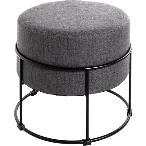 Grauer Hocker mit rundem, gepolsterten Sitz. Schwarzes Metallgestell in geschwungener Form mit vier Beinen.