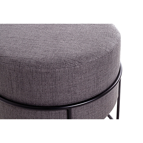 Grauer Hocker mit schwarzem Metallgestell, Maße: 48 cm Durchmesser, 44 cm hoch.
