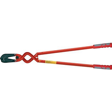 Rood-zwarte boutensnijder, detailweergave. Rode handvatten en lange hendels, zwarte snijbekken.