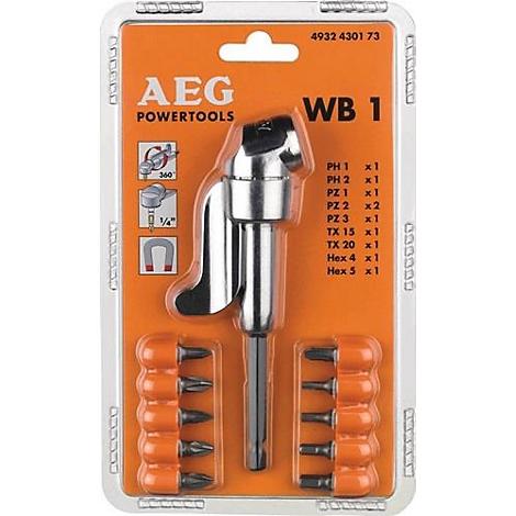 Verpakking met haakse opzetstuk en bits van AEG Powertools. Bits en een haakse opzetstuk zijn gerangschikt op een oranje achtergrond, met technische details ernaast.