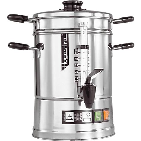 Silver coffee maker with handles, water level indicator, tap, and control panel. The "Hogastra" logo is visible.