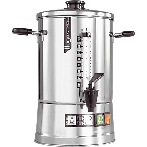 Stainless steel coffee maker with water level indicator and tap. Text: Hogastra. Coffee and water symbols with colored switches.