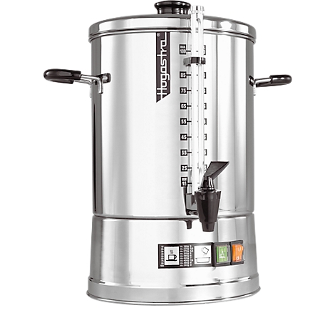 Stainless steel coffee maker with water level indicator, tap, handles, and controls.