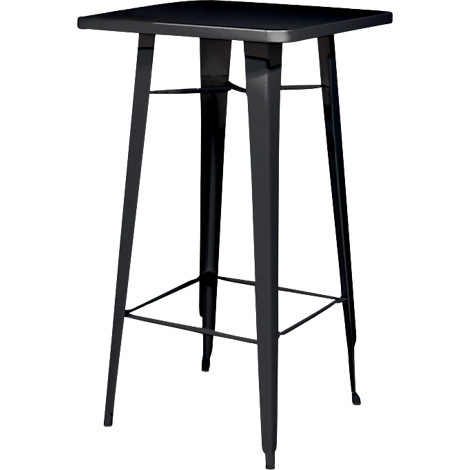 Zwarte bartafel. Vierkant tafelblad op vier slanke poten, met voetensteun.