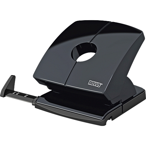 A black Novus hole punch. It has an oval hole and an adjustable paper stop.