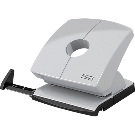 Gray hole punch with black handle and 'novus' brand.