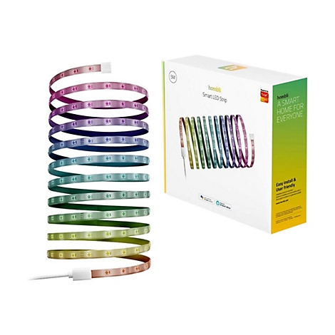 Hombli Smart LED Streifen spiralförmig aufgerollt neben seiner Verpackung mit Produktinformationen.