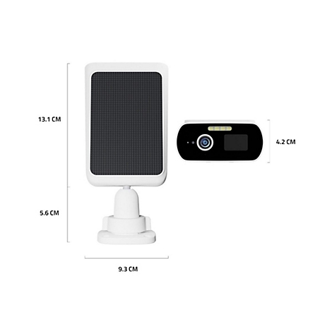 Überwachungskamera mit Solarpanel auf weißem Hintergrund und Bemaßungen.