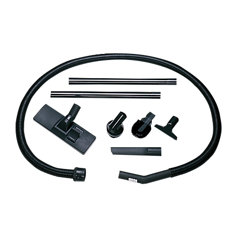 An arrangement of vacuum cleaner parts: hose, tubes, nozzles, and brushes. All in black.