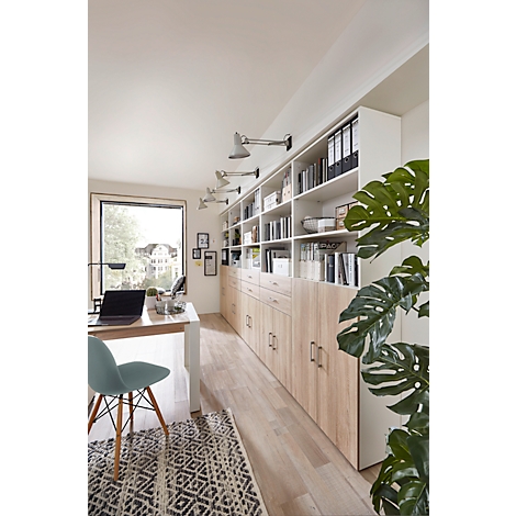 Espace de bureau lumineux avec bureau, bibliothèque et plantes. Ordinateur portable et chaise sur le bureau. Bois clair et murs clairs.