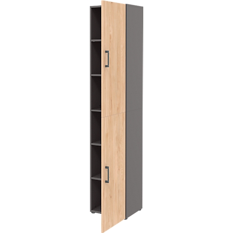 Tall grey cabinet with light brown doors, one door open.