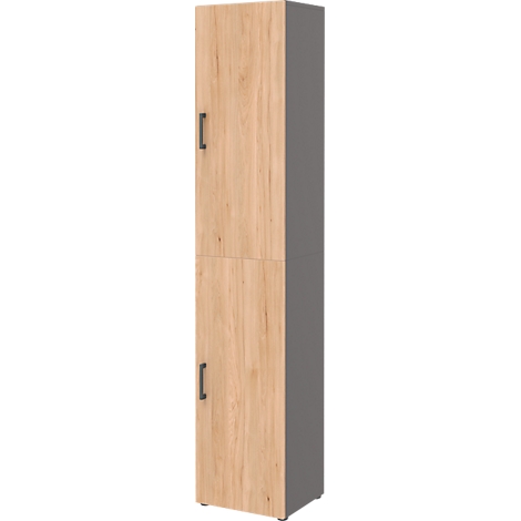 Cabinet with two doors, wood look, gray side.
