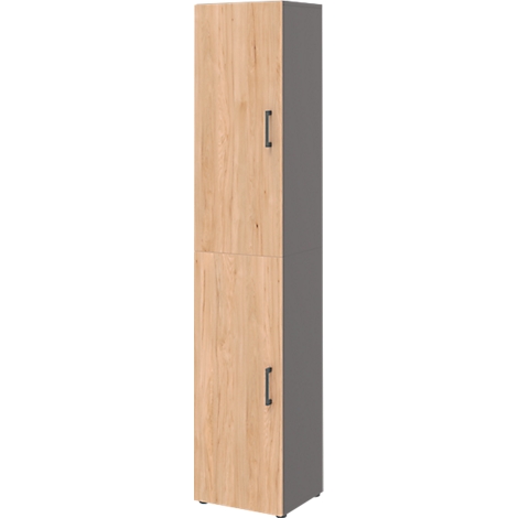 A tall, two-door cabinet with a wood look and dark handles. Gray sides.