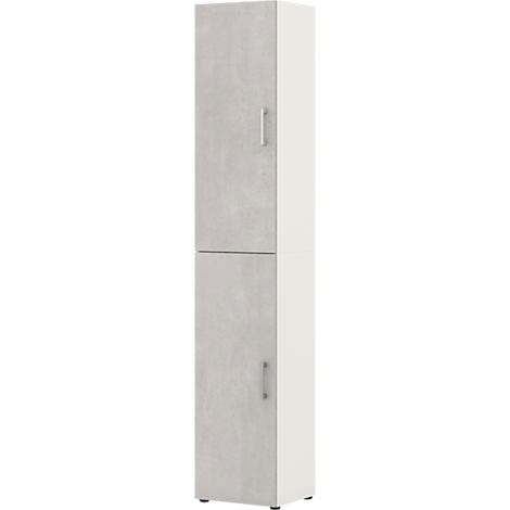 Tall cabinet, two-door, with light gray fronts, white sides. Metal handles, simple design.