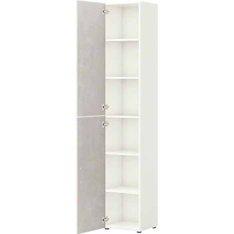 A white cabinet, the left door with a gray stone look open. Five shelves can be seen inside.