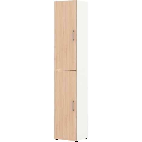 A tall, two-part cabinet in a combination of light wood and white. Handles are silver.