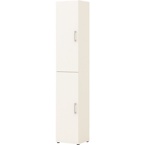 A cream-colored tall cabinet with two doors and silver handles.