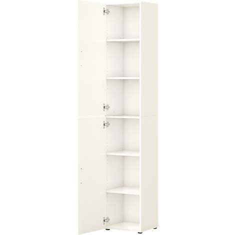 White cabinet with open doors. Interior shelves visible.
