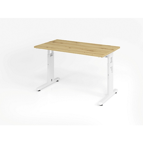 A height-adjustable desk with a wooden top and white legs against a white background.